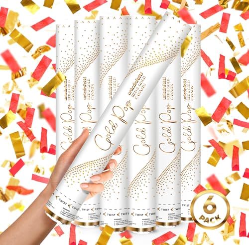 RED & GOLD Confetti Poppers - 16" BIODEGRADABLE RED & GOLD Confetti Cannon, Party Poppers, Compressed Air Popper, Loud Pop, Wedding Confetti Send Off, Wedding Supplies and Decorations by JAPJA