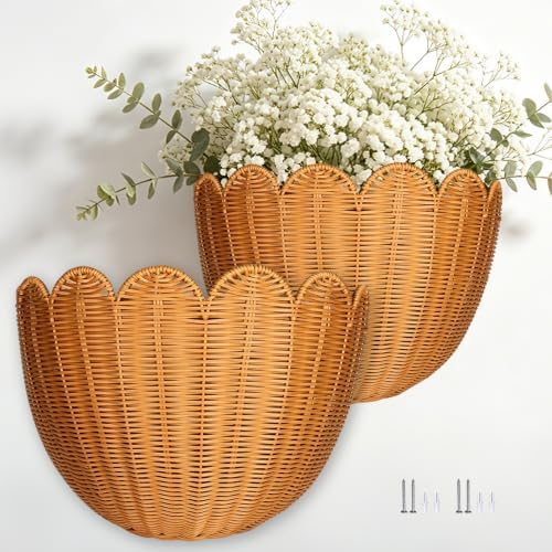 2PCS French Provence Scalloped Scallop Woven Wicker Wall Baskets Basket by Unknown