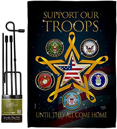 Support Our Military Troops Garden Flag - Set with Stand Armed Forces Service All Branches Honor United State American Veteran Official - House Banner Small Yard Gift Double-Sided 13 X 18.5 by Breeze+Decor