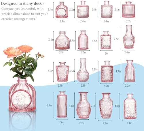 Glass Bud Vases Set of 16 - Pink Assorted Small Mini Glass Vases for Flowers, Crystal Vintage Vase Set, Bulk Centerpieces for Table Décor, Wedding, Home and Events (Pink, 16 Pcs) - Image 7