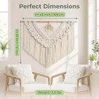 Large Macrame Wall Hanging 43"x32" - Handmade Woven Tapestry Boho Wall Decor for Bedroom Living Room Sofa Backdrop Natural Cotton Rope Long Fringe Tassel Bohemian Home Wall Art Decor with Wood Beads (Beige-B) - Image 3