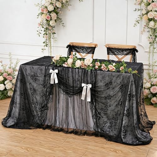 Vintage Black Lace Tablecloth 6pcs Table Fabric 60x120 Inch for Scary - Image 2