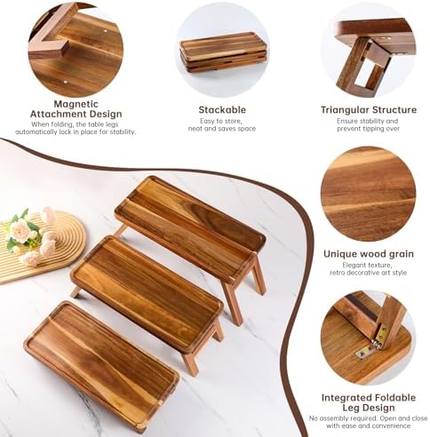 Tiered Serving Tray 17 Inch Acacia Wooden Cupcake Stand & Platters 3 Tiered Tray Foldable Dessert Table Display Set Decor for Party Charcuterie Boards for Birthday, Wedding, Christmas, Valentine's Day - Image 2