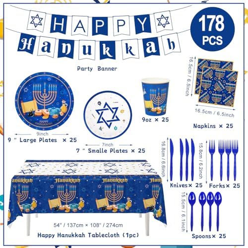 178PCS Hanukkah Party Decoration Set - Menorah, Plates, Napkins, Cups, Banner, Tablecloth, Cutlery - Bulk Supplies for Hanukkah Festival Indoor/Outdoor - Image 2