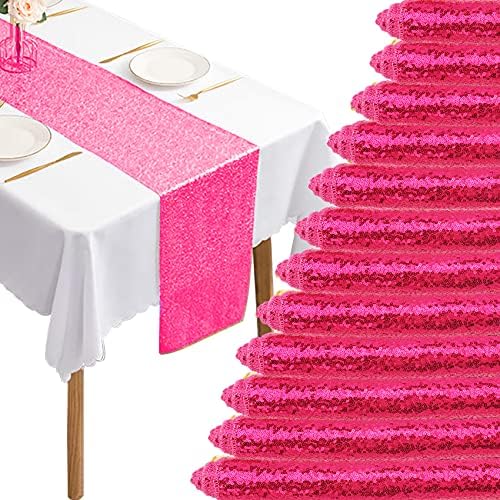 12 Packs Sequin Table Runner Hot Pink 12 X 108 Inch Glitter Dining Table Runner for Birthday Wedding Engagement Bridal Baby Shower Bachelorette Holiday Celebration Party Supplies Decorations by Fivenl