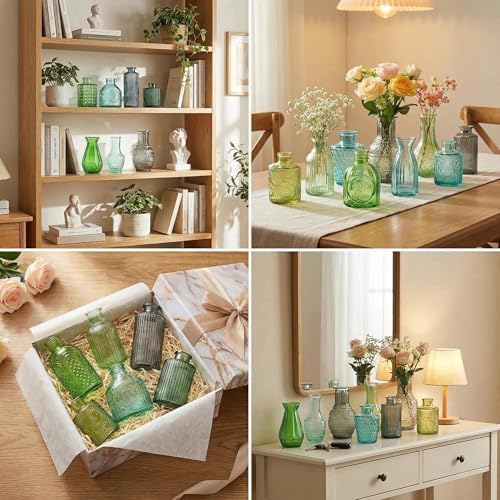 32 PCS Assorted Vintage Bud Vases, Colorful Glass Small Vases Bulk, for Centerpieces, Wedding Table Decor, Home Decorations & Gifts (Green Series) - Image 4