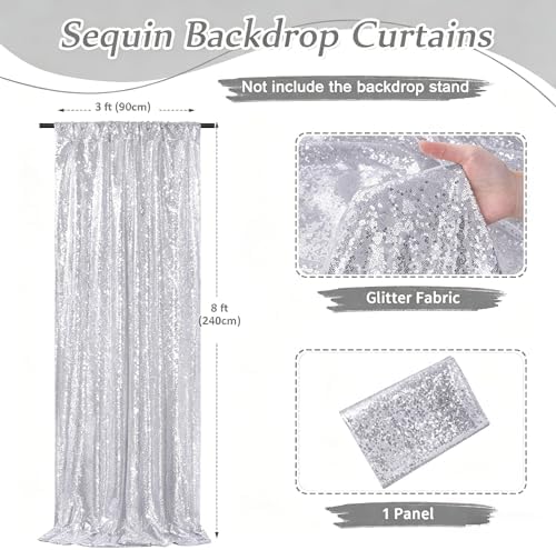 Silver Sequin Backdrop Curtains,2 Panels 3FTx8FT Glitter Backdrop for Party - Image 3