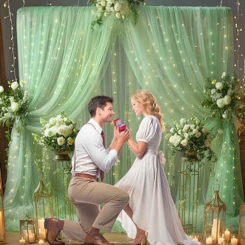 10x10ft Olive Green Tulle Backdrop Curtain with Lights String for Parites, Sheer Photo Backdrop Curtains for Wedding Baby Shower Birthday Party St. Patrick's Day Photo Shoot Background Decorations - Image 4