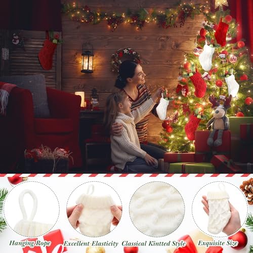 Geyoga 24 Pieces Mini Christmas Knit Stockings 6 Inch Cable Knitted Stockings Bulk Xmas Hanging Ornament Decoration for Christmas Tree Fireplace Holiday Party Favor (Red, White) - Image 3