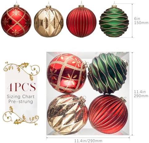 JORNOY Christmas Balls Ornaments Set, 6 inch/150mm Extra Large Shatterproof Plastic Hanging Bulbs for Xmas Tree Decorations Holiday Party with String, 4 Pack-Red&Green&Gold - Image 4
