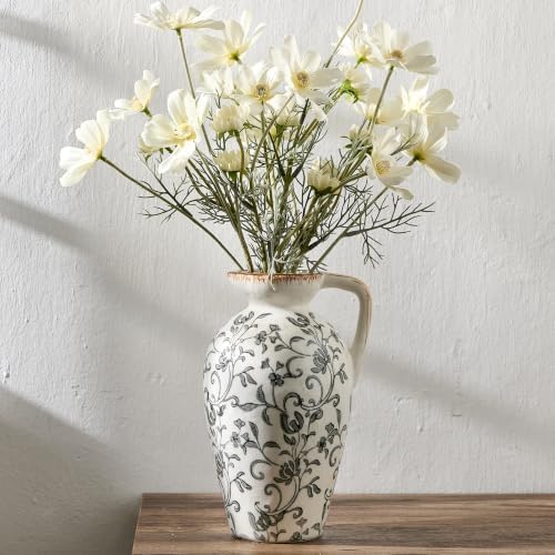 8.9 Inch Vintage Gray Chinoiserie Floral Vase, Antique Rustic Ceramic Vase for Home Decor, Living Room, Bookshelf, Office, Entryway, Garden, Chinoiserie Decor, Tuscan Decor - Image 4