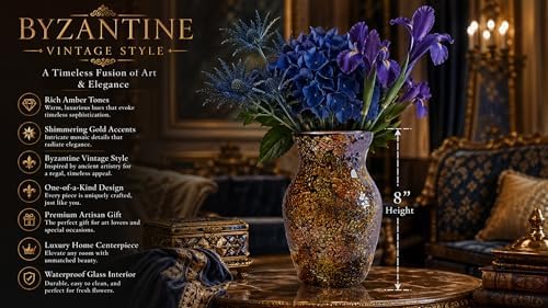 8" Amber Mosaic Vase with Gold Accents, Hand-Pasted Byzantine Glass Flower Vase, Vintage Decorative Centerpiece for Living Room, Foyer & Office - Image 2