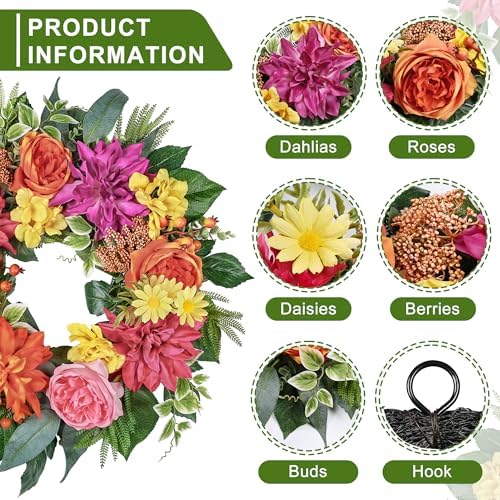24 Inch Spring Summer Wreath for Front Door with Roses Dahlias Silk Flowers with Berry Greenery for All Seasons Indoor Outdoor Porch Wedding Wall Farmhouse Living Room Home Decor - Image 6