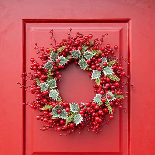 JINGHONG Artificial Christmas Wreath 20 Inch Christmas Wreaths for Front Door Red Berry Wreath with Holly Berries Leaves Pine Needles for Indoor Outdoor Xmas Winter Holidays - Image 5