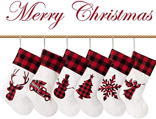 LUBOT Set of 6 Christmas Stocking(20inch) Silhouette Buffalo Red Plaid/Rustic/Farmhouse/Country Cotton Fireplace Hanging Xmas Stockings Decorations for Family Holiday Season Decor - Image 4