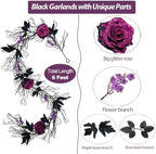 Halloween Garland 6FT Lighted Gothic Purple Glitter Rose Black Twig Vine with 8 Modes LED Lights, Auto Timer Battery Operated Artificial Floral Garland for Mantel Table Haunted House Halloween Decor - Image 3