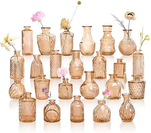 Bud Vases in Bulk 24, Amber Mini Glass Vases for Centerpieces, Vintage Embossed Small Vase for Flowers, Decorative Cute Vase for Wedding Table Decoration, Birthday Party, Baby Shower, Home by GarDream