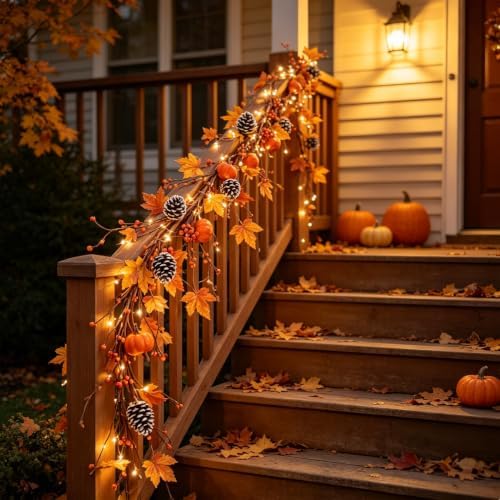 5 FT Fall Garland with Lights, Fall Maple Leaf Garland with Pumpkin Berries Pinecones Outdoor Thanksgiving Autumn Centerpiece Decorations for Home Door Fireplace Porch - Image 2