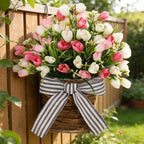 White Tulip Door Hanger Basket Wreath for Front Door,Artificial Tulip Flower Wreaths Hanging Decor with Woven Basket,Spring Summer Baskets Wreath for Wall Window Holiday by Unknown