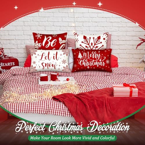 Newwiee 10 Piece Throw Pillows Covers Decorations Snowman Wreath Santa Claus Tree Red Buffalo Plaid Merry Christmas Pillow Covers for Couch Sofa(Snowflakes) - Image 6