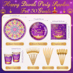 Potchen 350 Pcs Happy Diwali Party Supplies India Festival of Lights Disposable Tableware Include Paper Plates Cups Napkins Knives Forks and Spoons for Diwali Indian Deepawali Hindu Party Decoration - Image 3