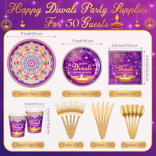 Potchen 350 Pcs Happy Diwali Party Supplies India Festival of Lights Disposable Tableware Include Paper Plates Cups Napkins Knives Forks and Spoons for Diwali Indian Deepawali Hindu Party Decoration - Image 3