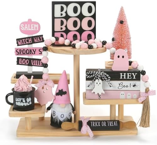 Pink Halloween Decorations 8PCS Tiered Tray Decor for Home Office by SYNCVIBE