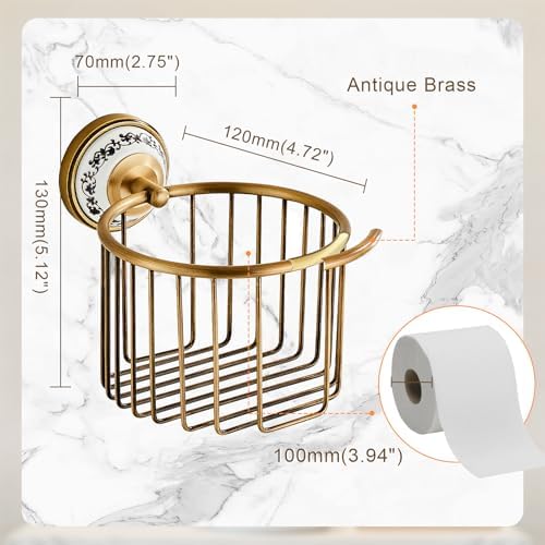 Vintage Wall-Mounted Toilet Paper Holder with Wire Basket Design, Antique Brass, Wall-Mounted Bath Hand Towel Holder with Ceramic Inlay, Vintage Style. - Image 5