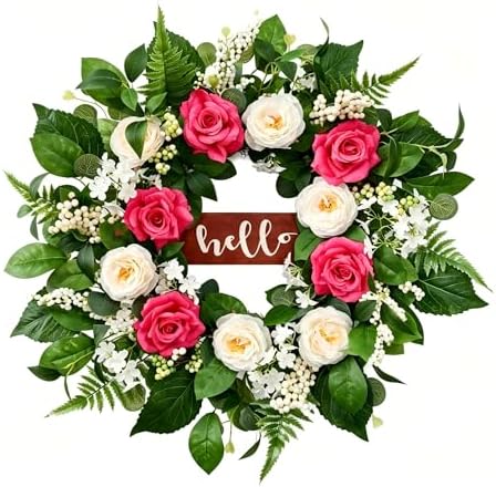 Artificial Spring Summer Wreath, 24 Inch Floral Wreath for Front Door - Greenery Wreath with Flowers and Green Leaves, Farmhouse All Season Home Decor for Indoor Outdoor Wall Porch Window by MEETYEHUA