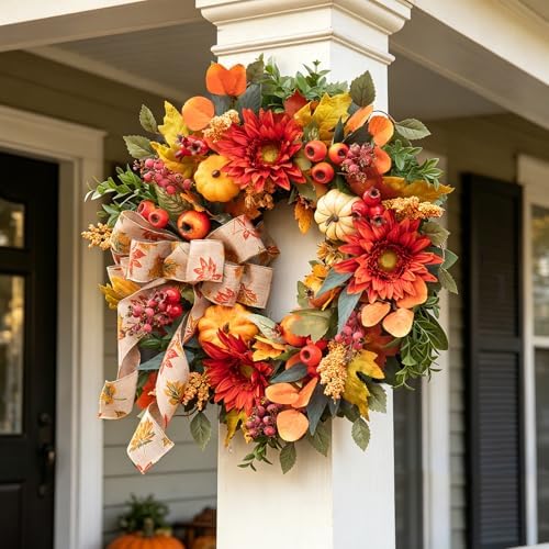 Fall Wreaths for Front Door 24 Inch Autumn Wreath Rustic Fall Decor - Image 4