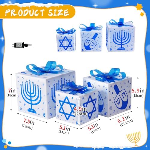 Domkom Set of 3 Hanukkah Lighted Gift Boxes,60 Led Light Up Present Box Decorations with Dreidel Menorah, White and Blue Chanukah Gift Boxes for Christmas Tree Indoor Outdoor Holiday Decor - Image 3
