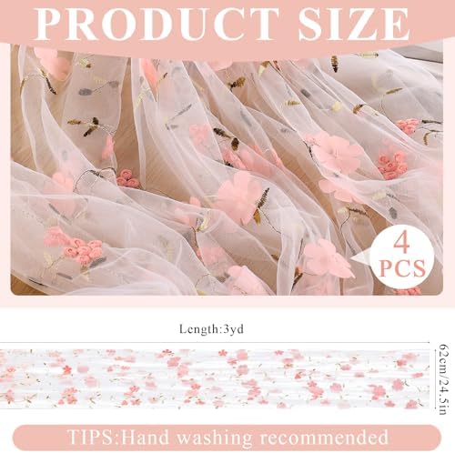 4 Pack Embroidery Floral Table Runner Rustic Spring Summer Wildflower Tulle Table Runner Vintage Flower Kitchen Dining Tabletop Runners Decoration for Home Wedding Party, 108x24.5 Inch (Pink Flowers) - Image 2