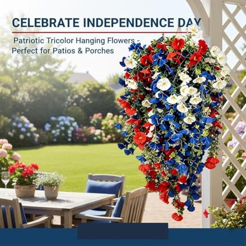 Red White and Blue Flowers Artificial Flowers Outdoor, 4th of July Decoration Tricolor Patriotic Artificial Flower, UV Resistant Artificial Morning Glory Vines for Independence Day Decor (5sets) - Image 2