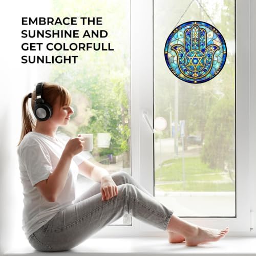 Hamsa Star of David Stained Glass Window Hanging 9.8" - Image 4