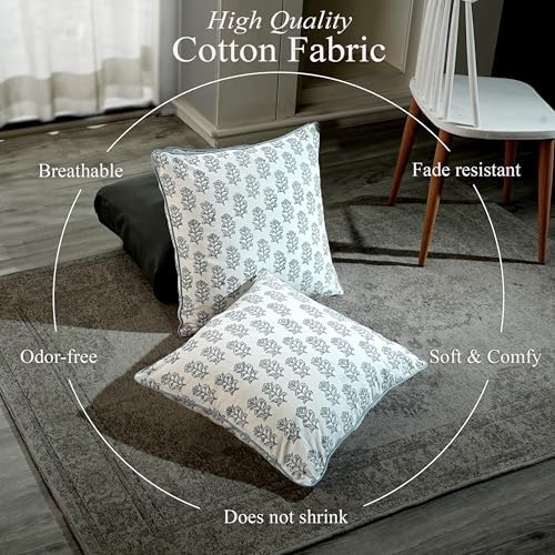 CPC Misty Grey Floral Block Print Throw Pillow Covers 20x20 Inch, Set of 2 - Image 3