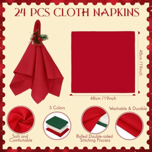 LemonRoad 36 Pcs Cloth Napkins and Napkin Ring Holders, Reusable Fabric for Table Decor Banquet Holiday Dinner Party Supply(Red, Dark Green,White,Christmas) - Image 3