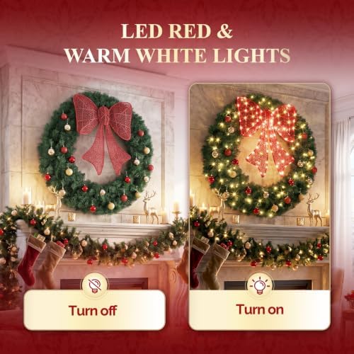 VINGLI 48 Inch Pre Lit Christmas Wreath with Remote, Light up Red Bow - Image 2