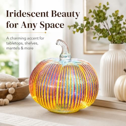 Iridescent Glass Pumpkin Light with Timer, 5.5 in Ribbed Glass Pumpkin Decor, Battery Operated LED Pumpkin Lamp with 3 Lighting Modes, Fall Thanksgiving Halloween Christmas Table Mantel Decor - Image 3