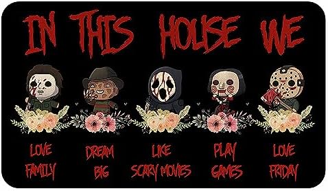 Halloween Horror Villains Welcome Doormat, in This House We Love Family Scary Movies Friday Vintage Non-Skid Floor Mat Decoration Kitchen Door Mat Bedroom Doormat 17x30 inch by Eikunn