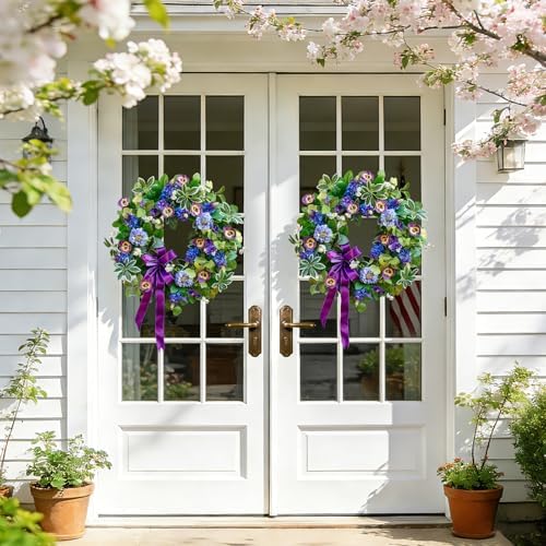 Spring Summer Wreaths for Front Door 24 Inch, Outdoor Summer Wreath with Pansy, Hydrangea & Floral Accents, Spring Wreath for Front Door Outside, Summer Wreaths Front Door for Home Decor - Image 4