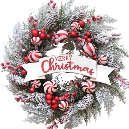 24 Inch Artificial Christmas Wreath for Front Door with Balls Berries Frost Pine Needles Pine Cones Christmas Decorations for Indoor Outdoor Wall Window Home Holiday Xmas Decor by Egolot