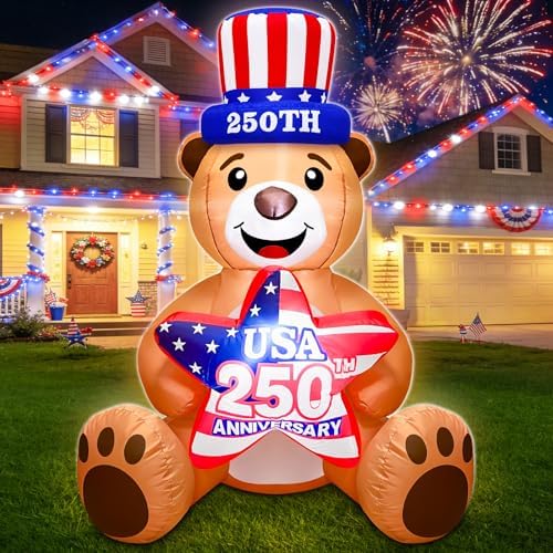4 Ft Inflatable Uncle Sam Bear with USA 250th Anniversary Star Build-in LED Lights Blow up 4th of July Outdoor Decorations for Home Yard Lawn Garden Independence Day Memorial Day Decor by TURNMEON