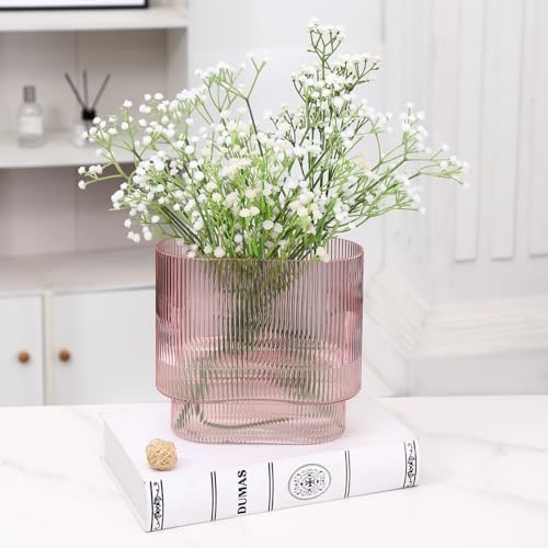 Ribbed Glass Vase, Pink Glass Vase, Fluted Short Vases for Flowers, Modern Vases for Living Room, Dining Room, Bathroom, Desk, Shelf, Wedding, Office, 7 Inches - Image 4