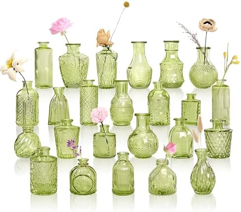 Embossed Bud Vases Set of 24, Vintage Flower Vase Green Glass Mini Vases for Centerpieces, Decorative Small Vase Bulk for Flowers, Wedding Table Decorations, Party, Baby Shower, Home Decor, by GarDream