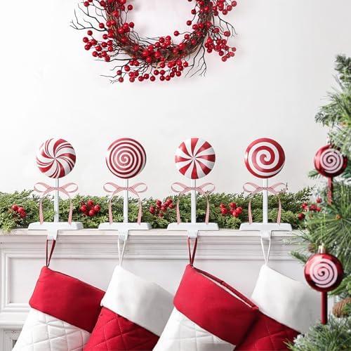 Christmas Stocking Holders for Mantle: Red White Peppermint Candy Stocking Holder Stand Set of 4, Metal Stocking Hangers Decorative Hooks for Xmas Home Decor, Fireplace Window Accessories - Image 5