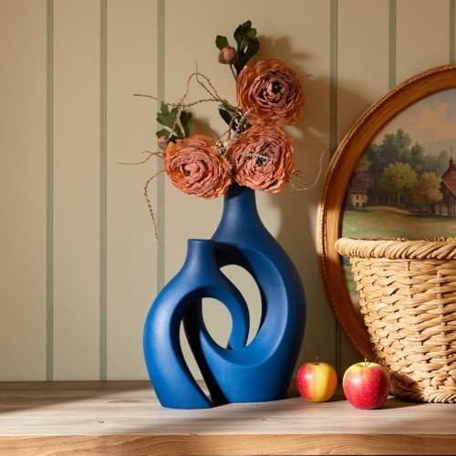 Levvohd Snuggle Hollow Ceramic Vase Set of 2, 11 inch Modern Nordic Coastal Shaped Pampas Grass Aesthetic Decorative Table Vases for Living Room Shelf Home Decor (Matte Navy Blue -L) - Image 2