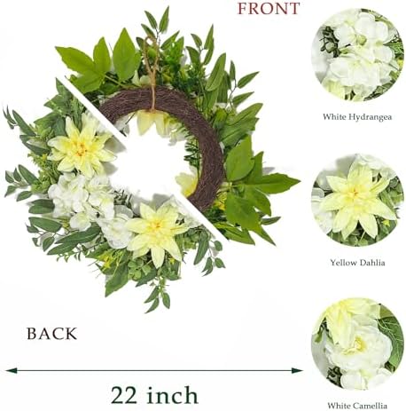 22 Inch Summer Wreaths for Front Door, Spring Summer Floral Wreath - Yellow Dahlia and White Hydrangea, Spring Door Wreath for Front Door, Porch, Outdoor, Indoor, Window, Farmhouse Decor - Image 3