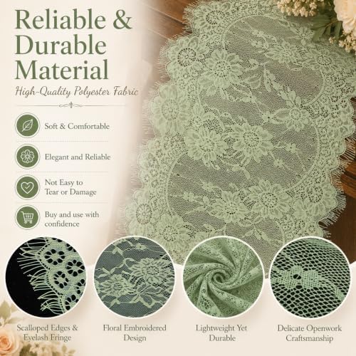 12 Pack Sage Green Lace Table Runners 14 x 120 Inch Sage Green Rustic Lace Fabric Table Runners with Rose Embroidered Floral Vintage Table-Runner for Party Wedding Bridal Shower Decorations - Image 7
