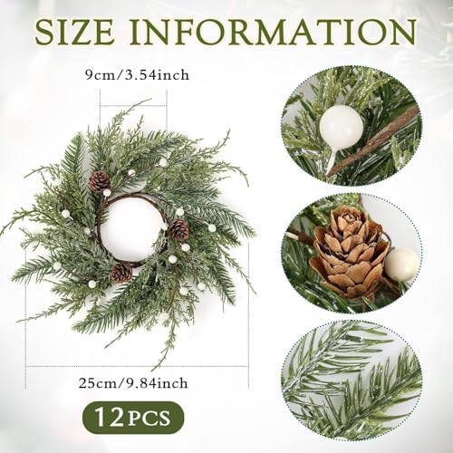 12 PCS Christmas Wreath Candle Rings Mini Wreath Pine Garland Artificial Frosted Cedar and Pine Cone Candle Rings Holder for Christmas Wedding Home Table Centerpiece Door Window Chair Wall - Image 3