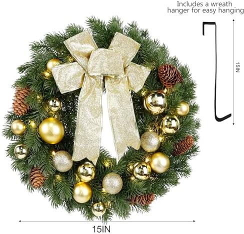 Hausse Lighted Christmas Wreath with Metal Hanger, Pre-lit Xmas Wreath with Large Golden Bow & Balls, Battery Operated with 40 LEDs Lights, for Front Door Gate Wall Christmas Party Decorations - Image 3